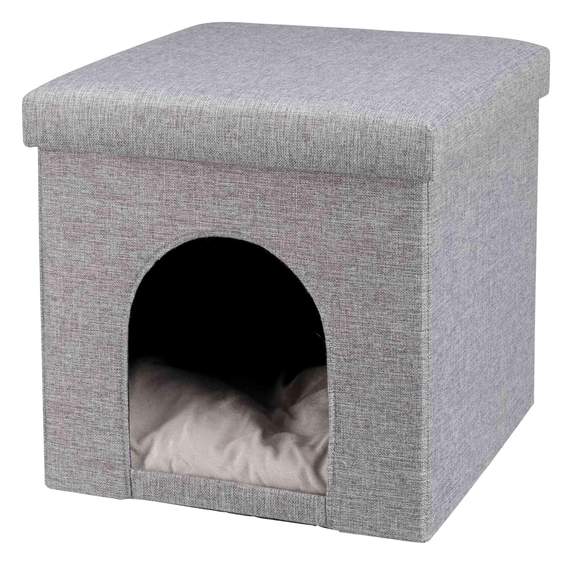 TRIXIE Alois Cat Cave - foldable cat house with removable padded cover & storage compartment - padded plush cushion, load capacity up to 20 kg, 38 × 40 × 38 cm, light grey - 36314