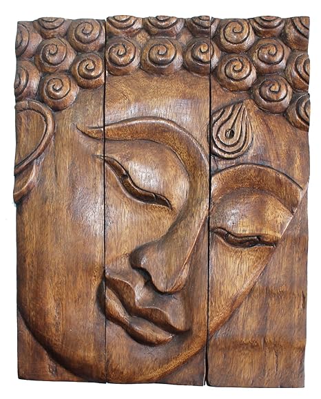 Hand Carved Wooden Thai Buddha Face Wall Art Plaque Hanging