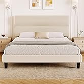 GRUSIGN Queen Size Platform Bed Frame with Velvet Headboard, Adjustable Height Wooden Slats Support, Upholstered Mattress Foundation, Fits Mattress or Mattress with Box Spring, Easy Assembly, Beige
