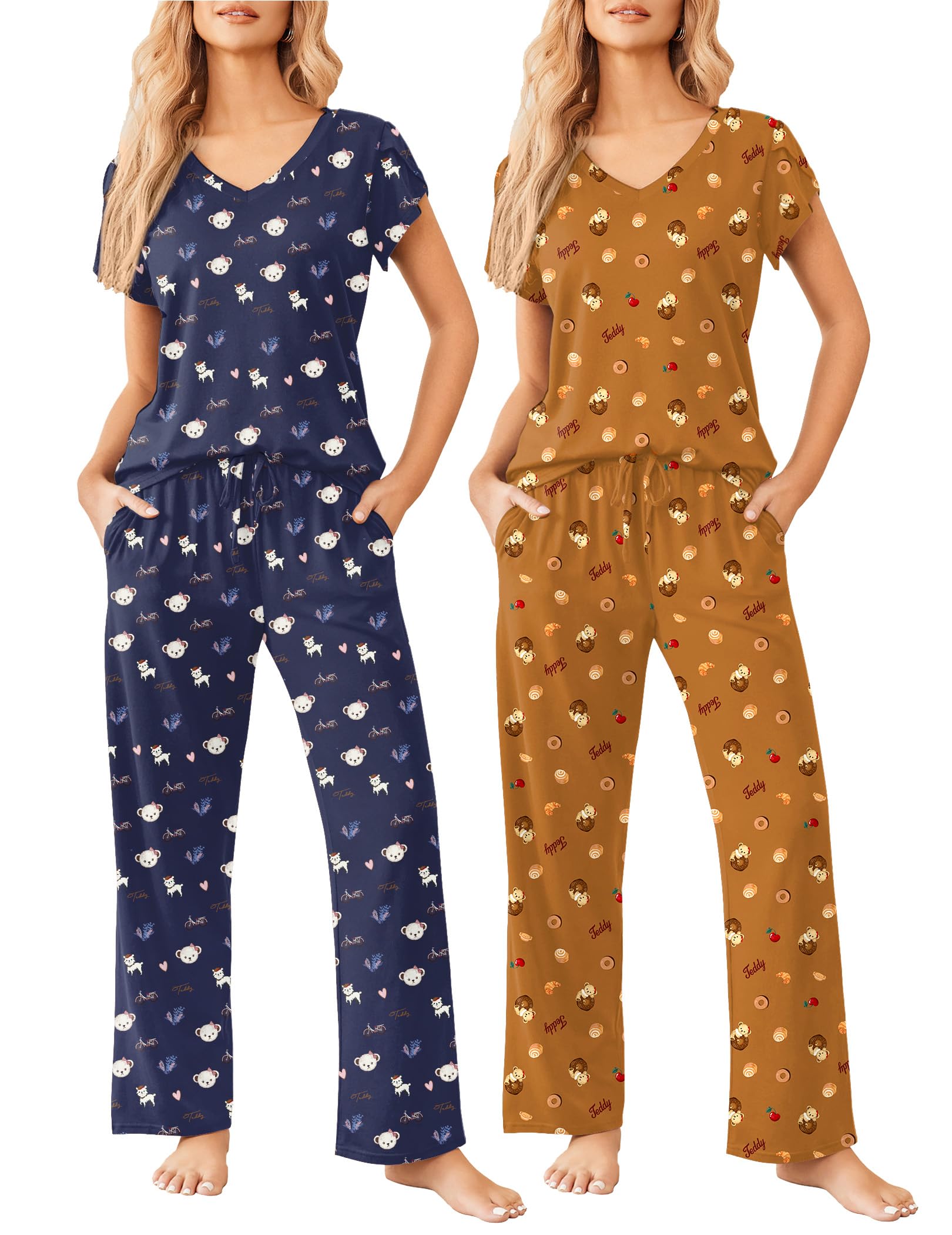 Ekouaer 2 Pack Womens Pajamas Short Sleeve Sleepwear Top with Pants Super-Soft Printed Lounge Sets S-XXL Image