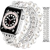 JR.DM Beaded Bracelet Bands for women Compatible with Apple Watch 40mm 38mm 41mm 44mm 42mm(S10/11) Fashion Cute Dressy Stretchy Handmade Strap for iWatch Series 11/10/9/8/7/6/5/4/SE 3/2/1(Pearl White)
