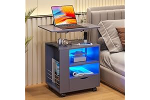 HNEBC LED Nightstand with Wireless Charging Station,Grey Nightstand Has Adjustable Rotary Table,Bedside Tables with One Drawer and 2 Mezzanines/Infrared Induction 3 Color Lighting (On The Left)