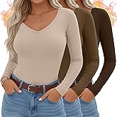 Sweetyweee 3 Pack Women's Thermal Shirts Long Sleeve V Neck Fleece Lined Undershirts Slim Fit Basic Tops Fall Winter Clothes
