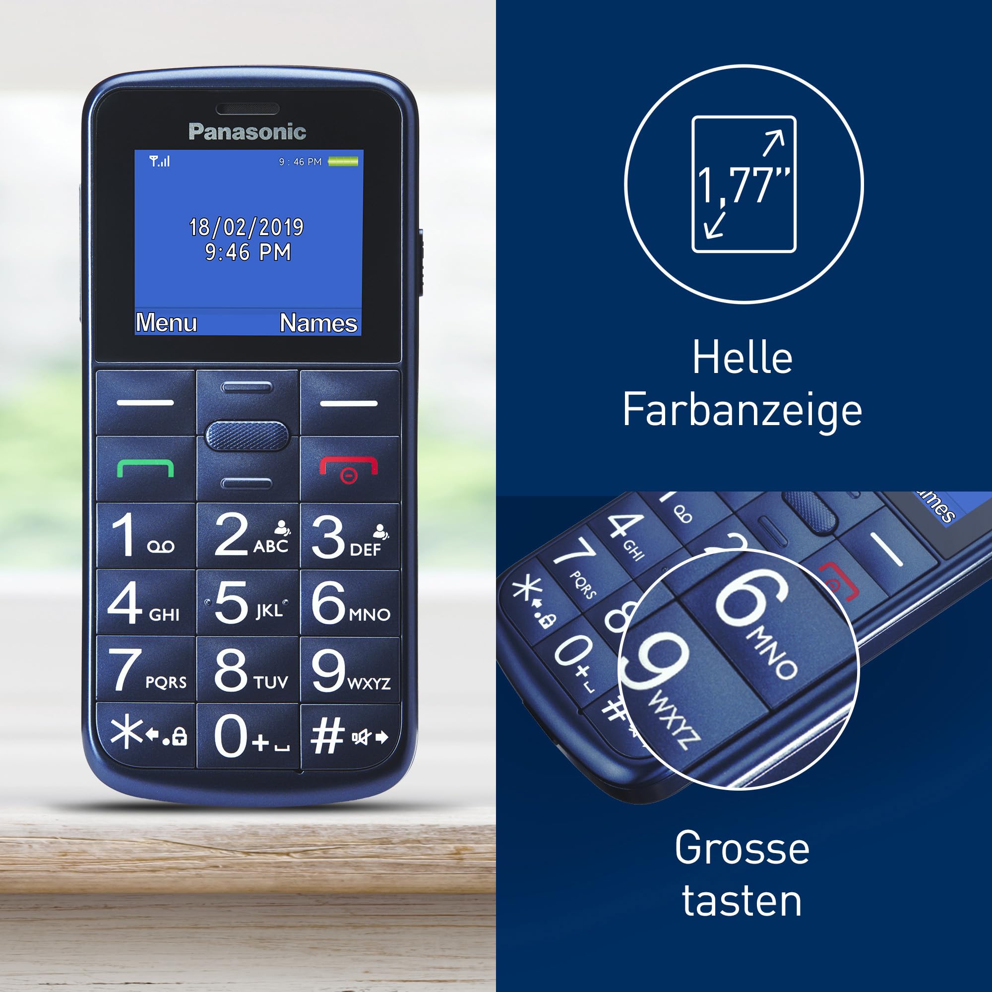 Panasonic KX-TU110EXC, 2G Seniorenhandy ohne vertag (Dual-SIM, Taschenlampenfunktion, große Tasten, Hörgerätekompatibel, SOS-Funktion) Blau