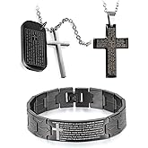 Flongo Men's Vintage Stainless Steel Black Cross Silver English Bible Lords Prayer Religious Link Wrist Bracelet for Christmas Thanksgiving New Year Gift (Set 1)