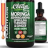 Clean Nutra Moringa Supplement Drops Ashwagandha Spirulina Chlorella Turmeric & Ginger Liquid Barley Grass with Chlorophyll Blue Green Algae Vitamin C Antioxidant Holy Basil Ceylon Cinnamon PlantFlow