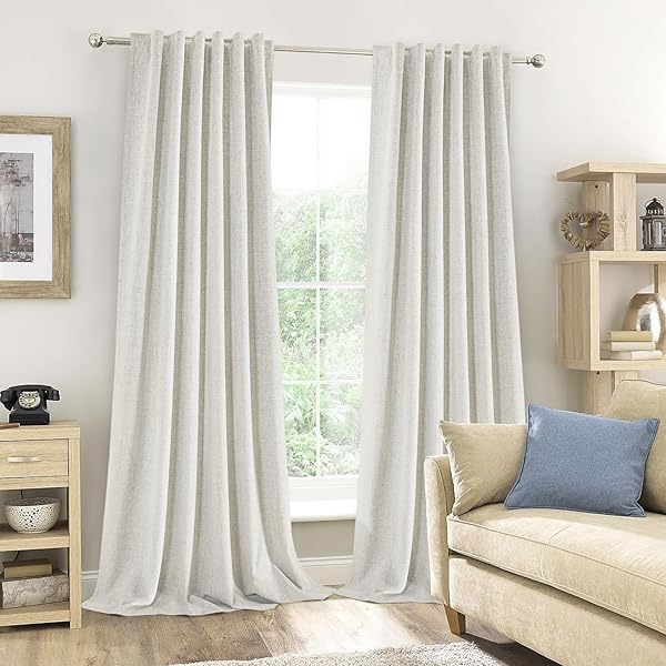 PANGSINNE LINEN FULL BLACKOUT TEXTURED CURTAINS – 90 INCH LENGTH ROOM DARKENING THERMAL INSULATED DRAPES FOR LIVING ROOM, BACK TAB 100% BLACK OUT BEIGE WINDOW CURTAIN