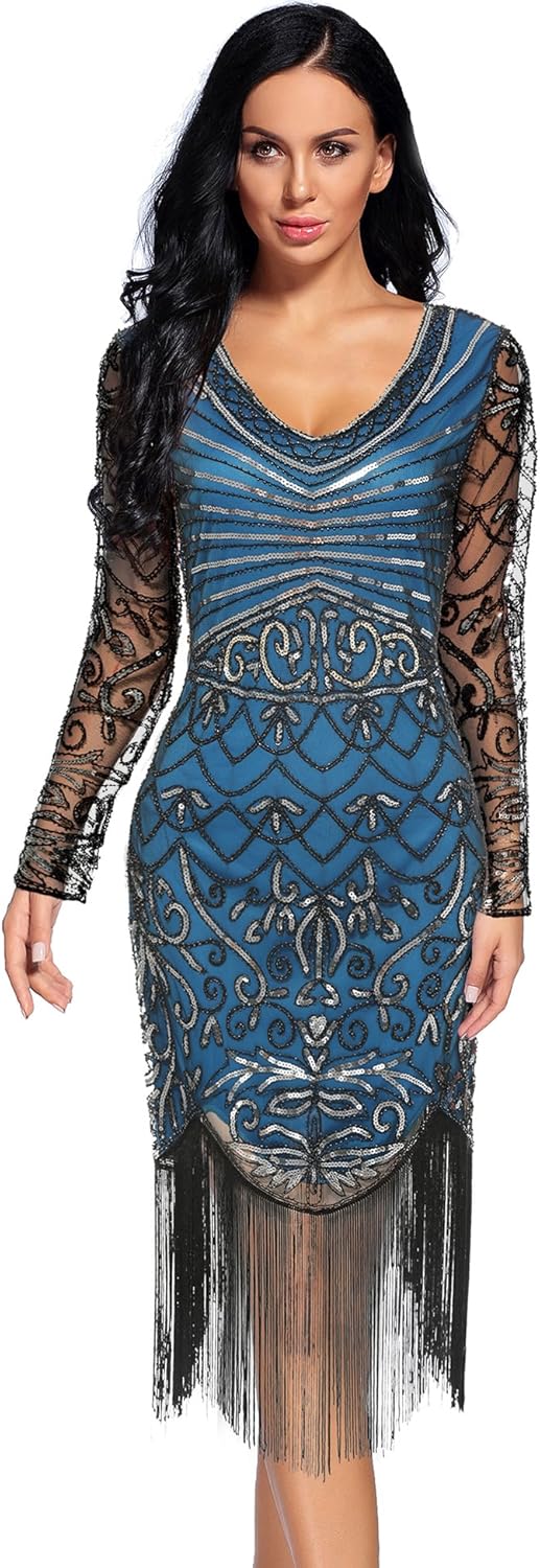 Women's 1920s Sequin Art Deco Flapper Dresses Great Gatsby Prom Cocktail Dress