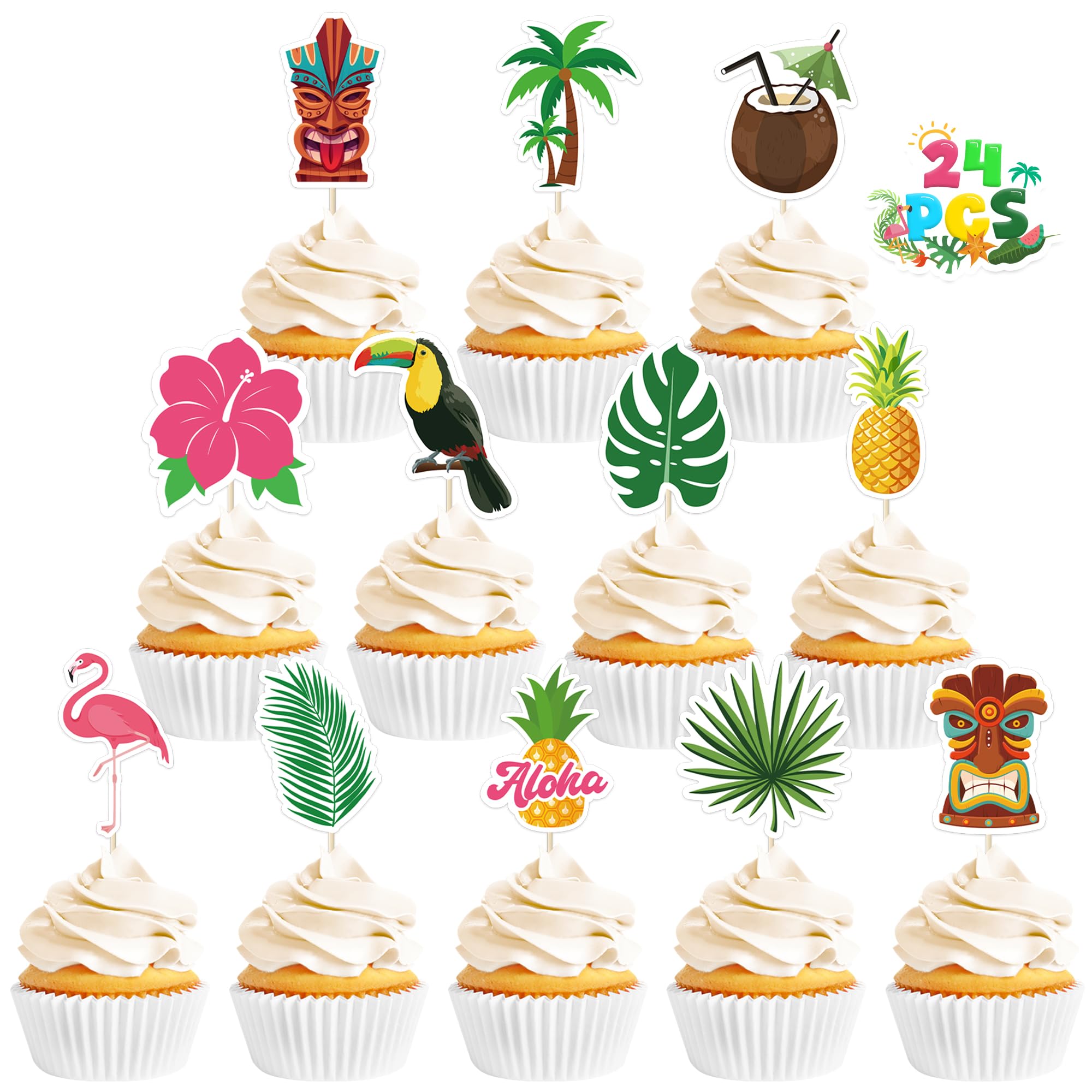 Photo 1 of 24 Pcs Hawaiian Cupcake Toppers, Disposable Pineapple Flower Palm Tree Flamingo Cake Picks, Aloha Cake Decorations for Summer Hawaiian Luau Theme Birthday, Wedding Party Supplies