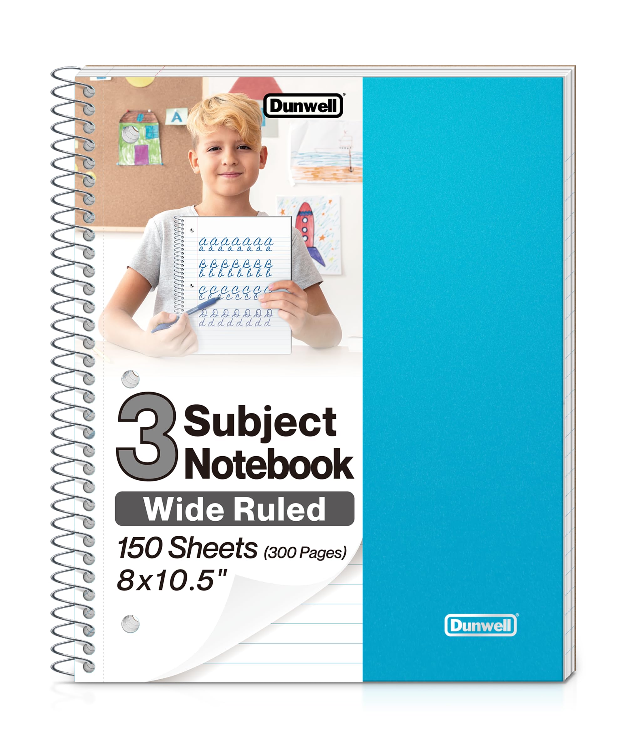 Photo 1 of Dunwell 3-Subject Spiral Notebook, (Blue) Plastic Cover, 150 Sheets (300 Pages) Wide Ruled 8x10.5 Paper, 3-Hole Punched Perforated Pages, 3 Divider Folders with Pockets