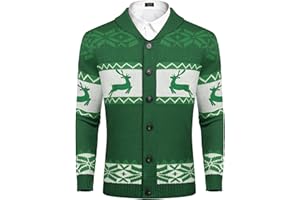 COOFANDY Men's Christmas Cardigans Ugly Xmas Sweaters Reindeer Snowflake Shawl Collar Knitted Cardigan Sweater