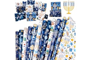HOWAF 12 Sheet Hanukkah Wrapping Paper Decorations,Menorahs, the Star of David, Candles Chanukah Design Blue and white Hanukk