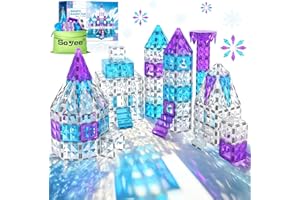 SOYEE Frozen Magnetic Tiles 102PCS with 2 Stairs Dolls Princess Castle Building STEM Toys for 3+ Year Old Girls & Boys, 3 4 5 6 7 8 9 10 Year Old Girl Birthday Gifts