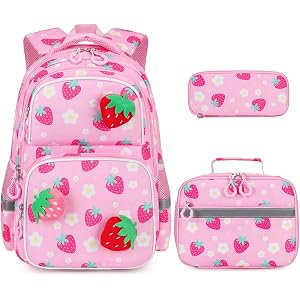 Similove Kids Backpack for Girls Ages 4-8, Cute 3D Plush Strawberry | Toddler Backpack with Lunch Box & Pencil Case, School B