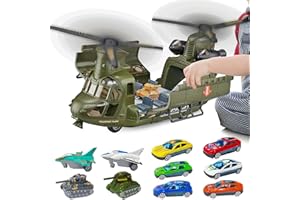 Yiwsnust Military Helicopter Toys Set with Light - Friction Powered Transport Helicopter Toy with Army Tanks, Airplanes, Mini Cars - Army Toys Military Playset Christmas Birthday Party Gifts for Kids