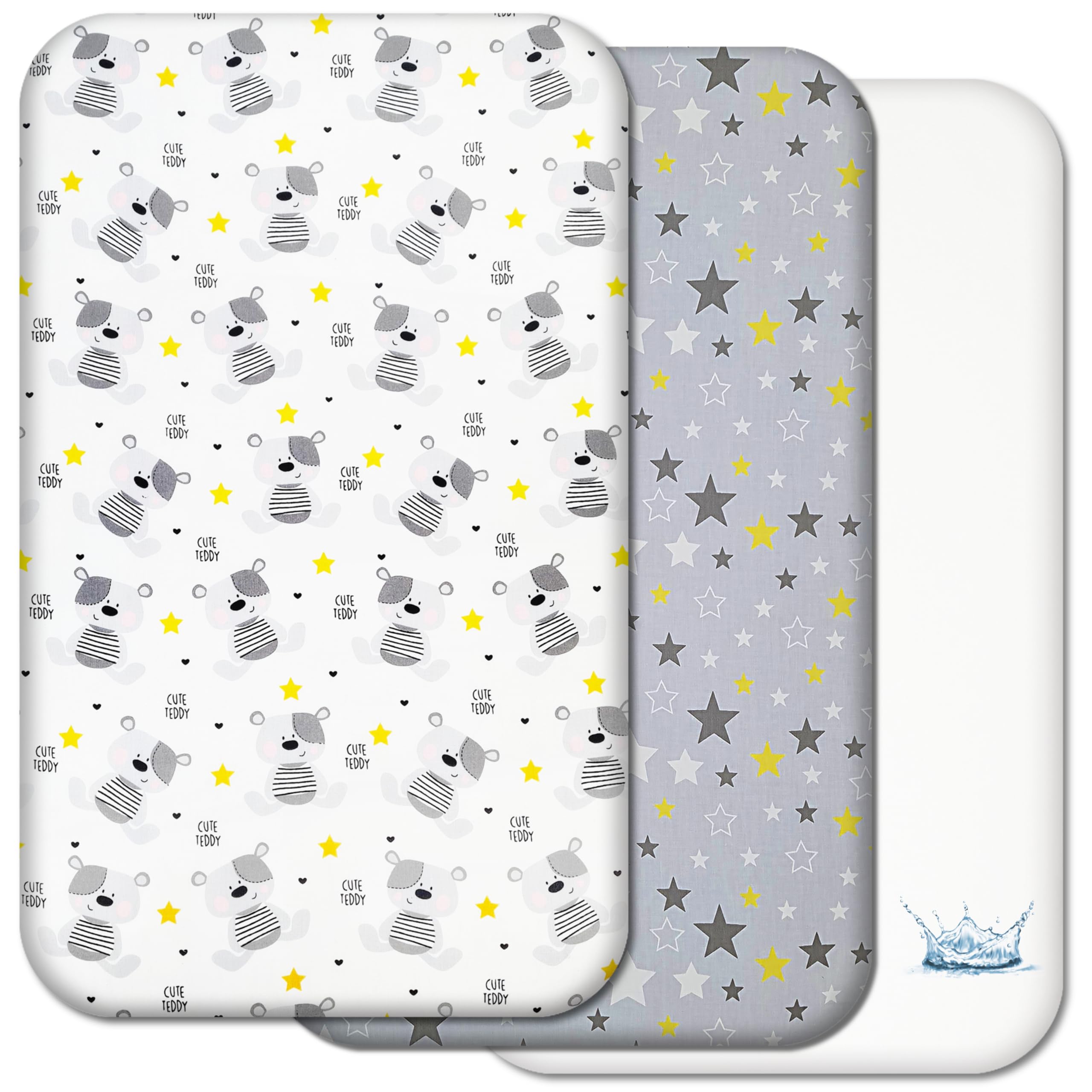 Next to Me Crib Sheets – 3pc Baby Bed Set with 2 Fitted Sheets and 1 Waterproof Mattress Protector – Cotton Fitted Crib Sheet – Selemavi Baby Sheets (Cute Teddy and Stars, 50x83 cm)