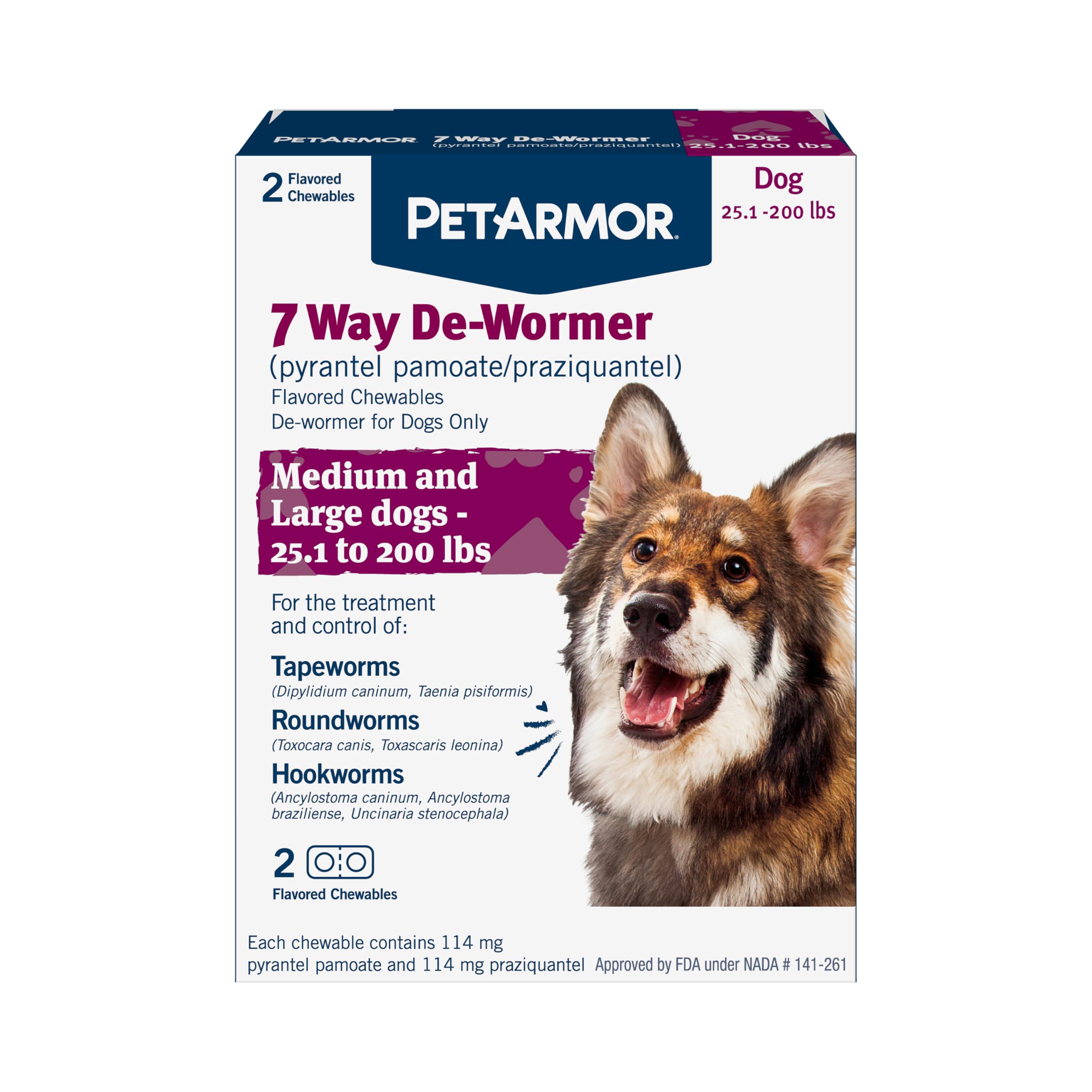 Photo 1 of PetArmor 7 Way De-Wormer for Dogs, Oral Treatment for Tapeworm, Roundworm & Hookworm in Large Dogs & Puppies (Over 25 lbs), Worm Remover (Praziquantel & Pyrantel Pamoate), 2 Flavored Chewables