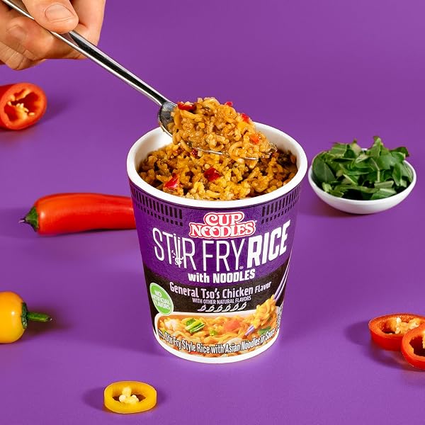 NISSIN CUP NOODLES STIR FRY RICE WITH NOODLES, GENERAL TSO’S CHICKEN, 2.68 OUNCE (PACK OF 6)