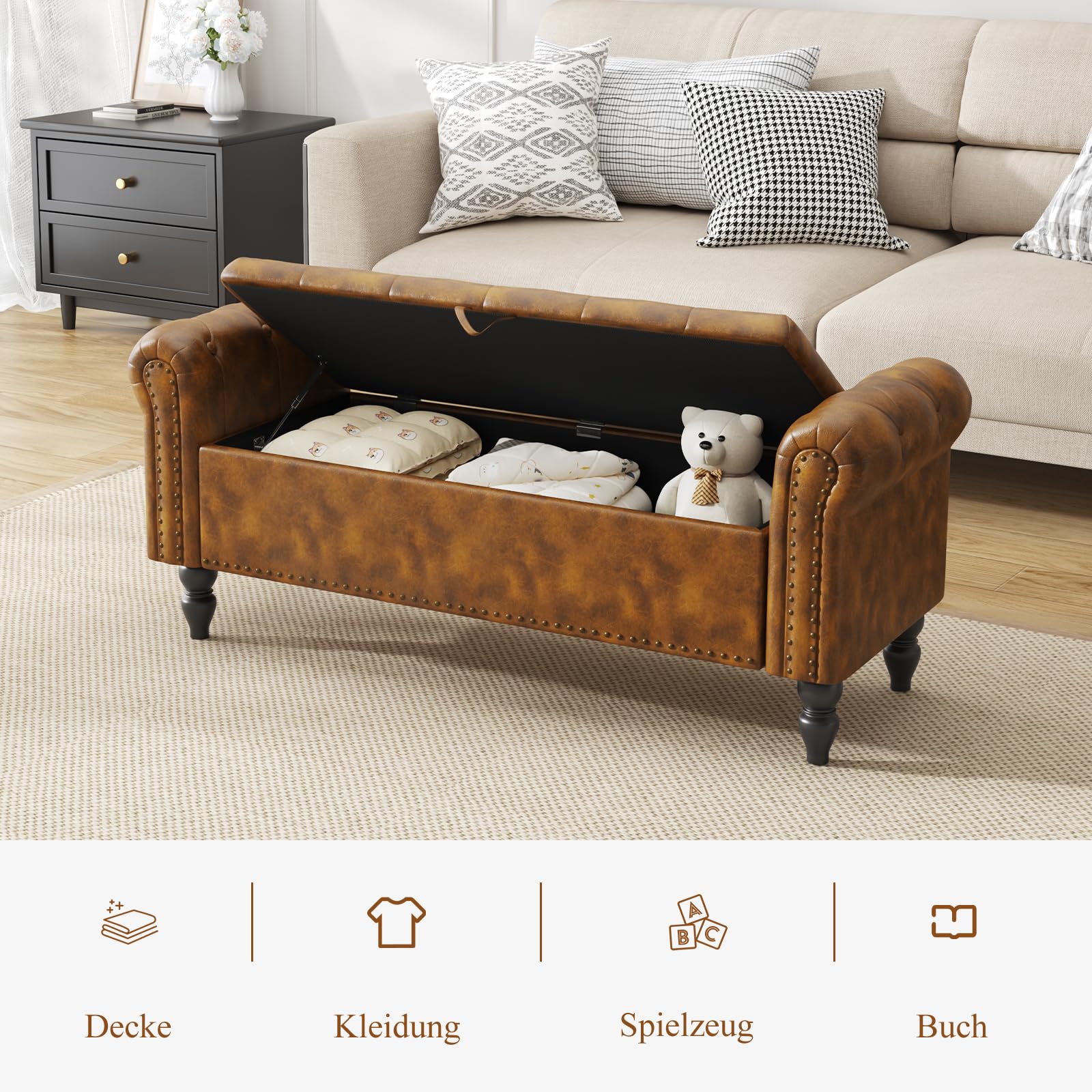 Ckaff Sitzbank mit Stauraum 132cm, Aufbewahrungsbox, Fußbank, Bettbank, Sitztruhe mit Armlehnen aus PU-Kunstleder für Wohnzimmer Schlafzimmer Flur, GelbBraun 6