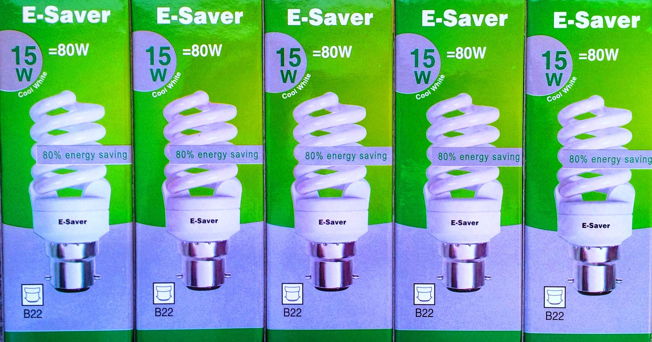 E-Saver - CFL Full Spiral - Energy Saving Light Bulbs - 15w = 80 Watt - (Pack of 5) - 4200k Cool White Light Bulbs - Bayonet Light Bulb (BC- B22- B22d)
