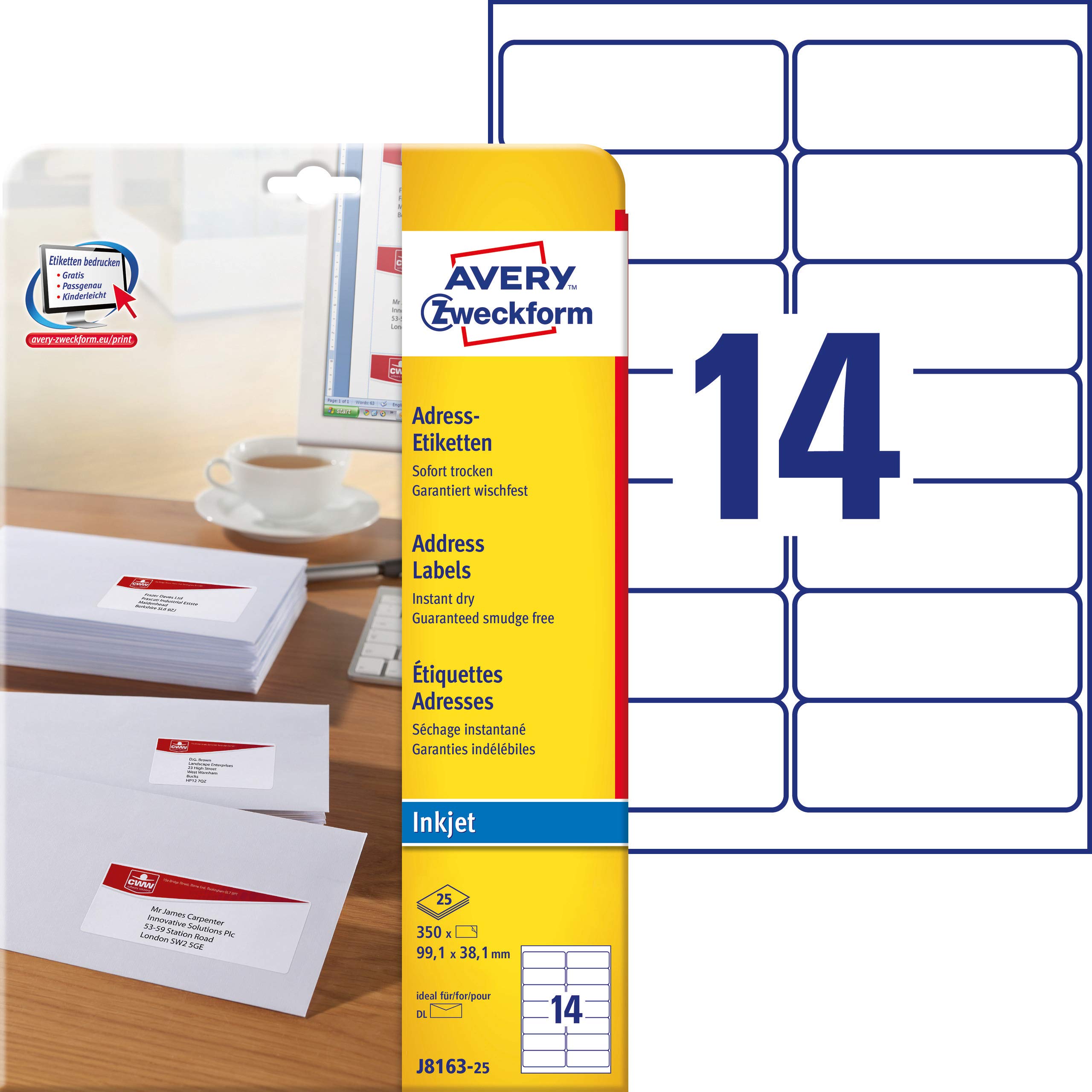 Avery Zweckform J8163-25 Address Labels for DIN Long Envelopes 99.1 x 38.1 mm 25 Sheets