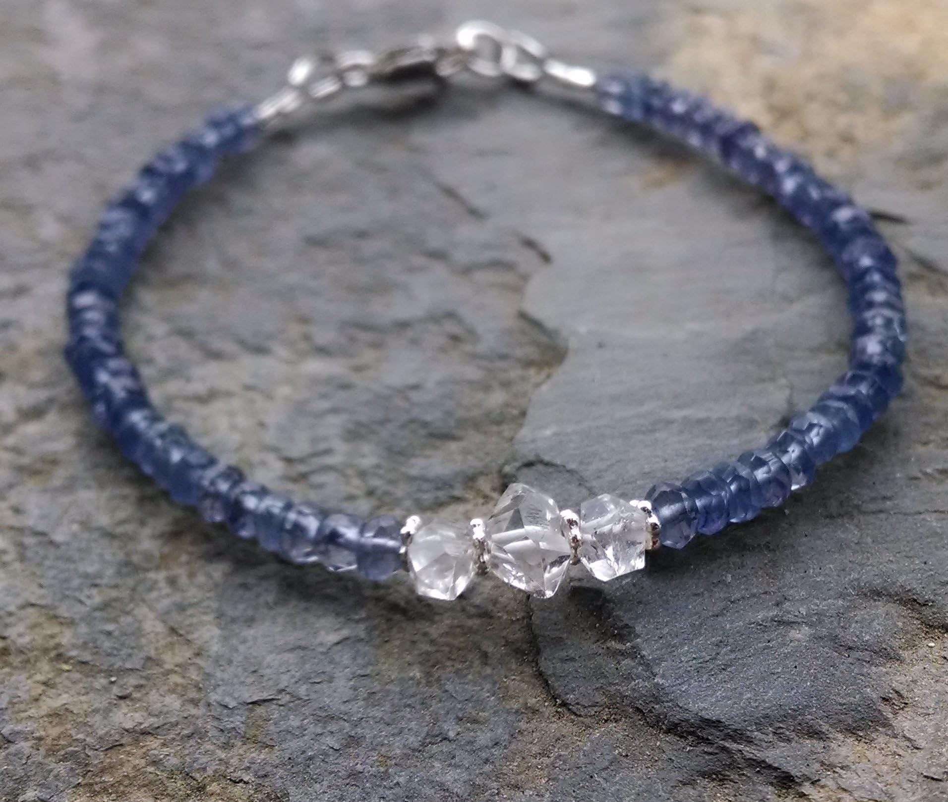 Iolite and herkimer diamond bracelet, iolite bracelet, gemstone beaded bracelet, herkimer diamond bracelet, delicate iolite jewelry,