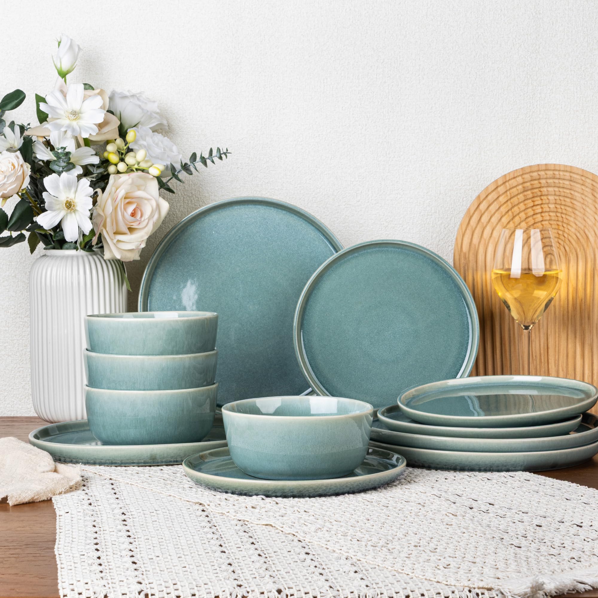 Photo 1 of GBHOME Ceramic Dinnerware Sets for 4, 12 Pieces Stoneware Plates and Bowls Sets, Scratch Resistant Dishes, Dishwasher & Microwave Safe, Reactive Glaze-Malachite Green
