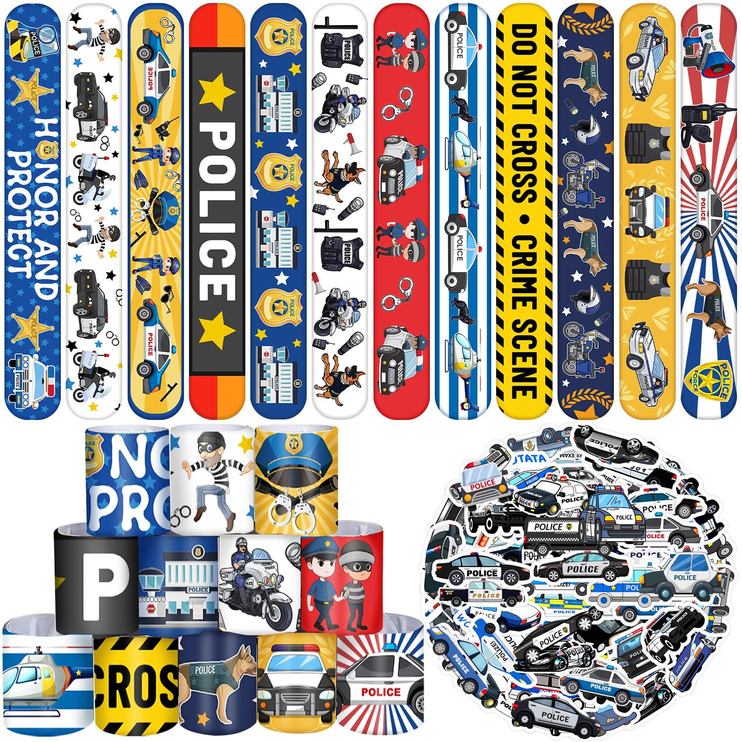 Lcnjscgo 74PCS Police Party Favors 24PCS Police Slap Bracelets 50PCS Police Stickers Police Cars Stickers for Police Party Decorations Kids Gifts Classroom Rewards Prizes, (JCSHTZ-UK)