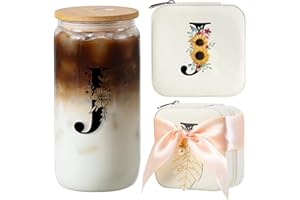AYGXU christmas gifts for women,Initial Glass Cup,Initial Travel Jewelry Case,Small Jewelry Box Organizer, Mothers Day gifts,graduationg gifts,bridesmaid proposal gifts,Initial J white