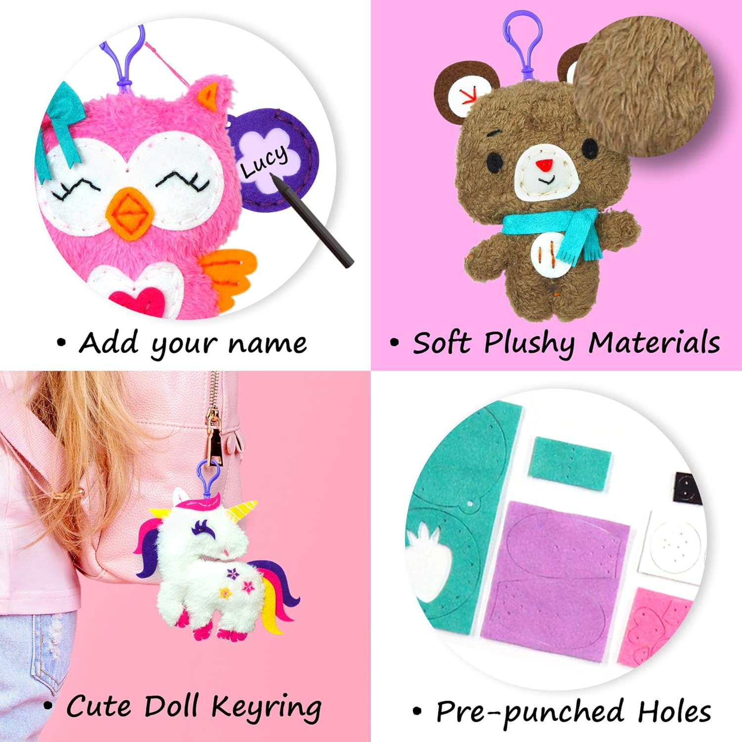 KRAFUN Unicorn Sewing Keyring Kit for Kids Ages 7-12, Beginner Craft Set including 6 Stuffed Dolls (Bear, Dog, Rabbit - Image 4