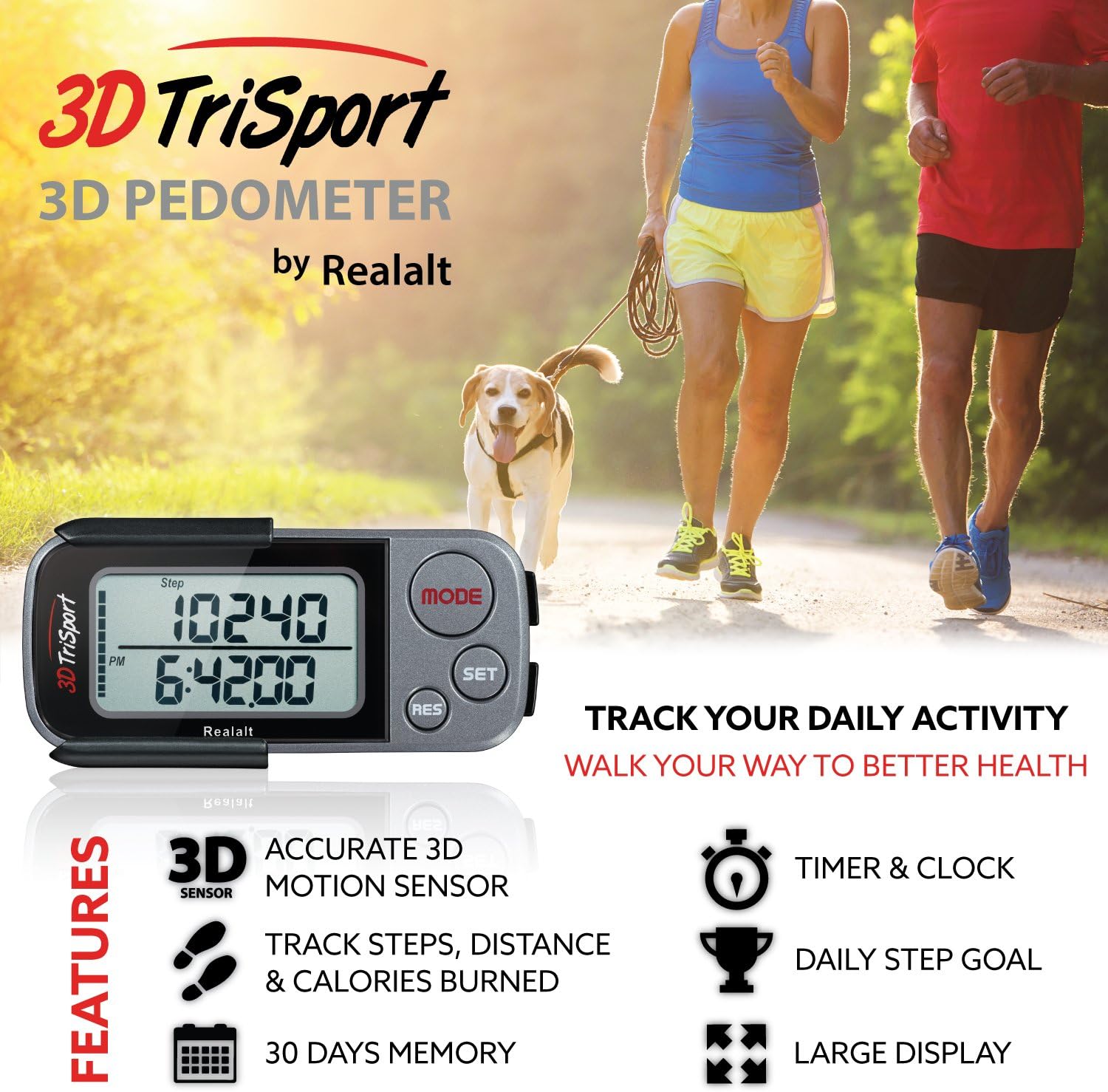 Realalt 3DTriSport 3D Walking Pedometer with Clip & Strap, Accurate Step Counter with 30-Day Memory - Image 3