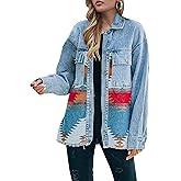 Lumister Women's Aztec Denim Jacket Distressed Lapel Long Sleeve Vintage Button Down Denim Jacket Shacket