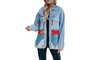 Lumister Women's Aztec Denim Jacket Distressed Lapel Long Sleeve Vintage Button Down Denim Jacket Shacket