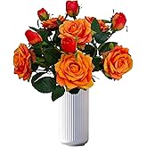 ATFL Fake Sunset Red Flowers, 6 Pcs Faux Silk Real Touch Moisturizing Artificial Rose Flowers for Wedding Decor,Flores Irosas Artificiales para Decoracion(6, Orange)