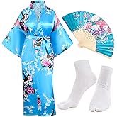Heone Kimono Satin Peacock Printed Lightweight Cardigan Jacket Coat Yukata Cloak Bathrobe Tops folding Fans Tabi Socks Set