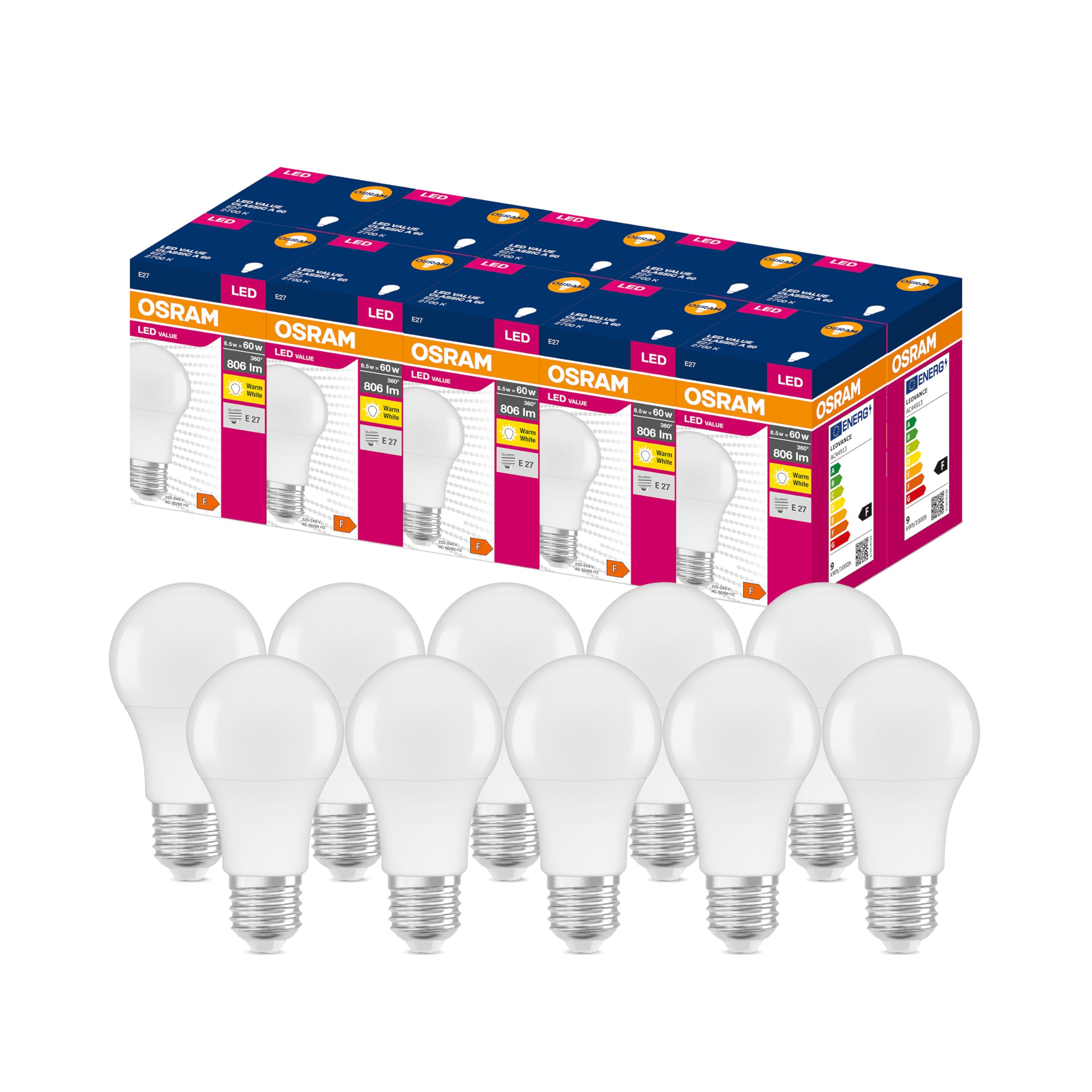 OSRAM LED lamp | Base: E27 | Warm White | 2700 K | 8.50 W | Replacement for 60 W Light Bulb | matt | LED Value Classic A Energy Efficiency Class A + | 10 Pack