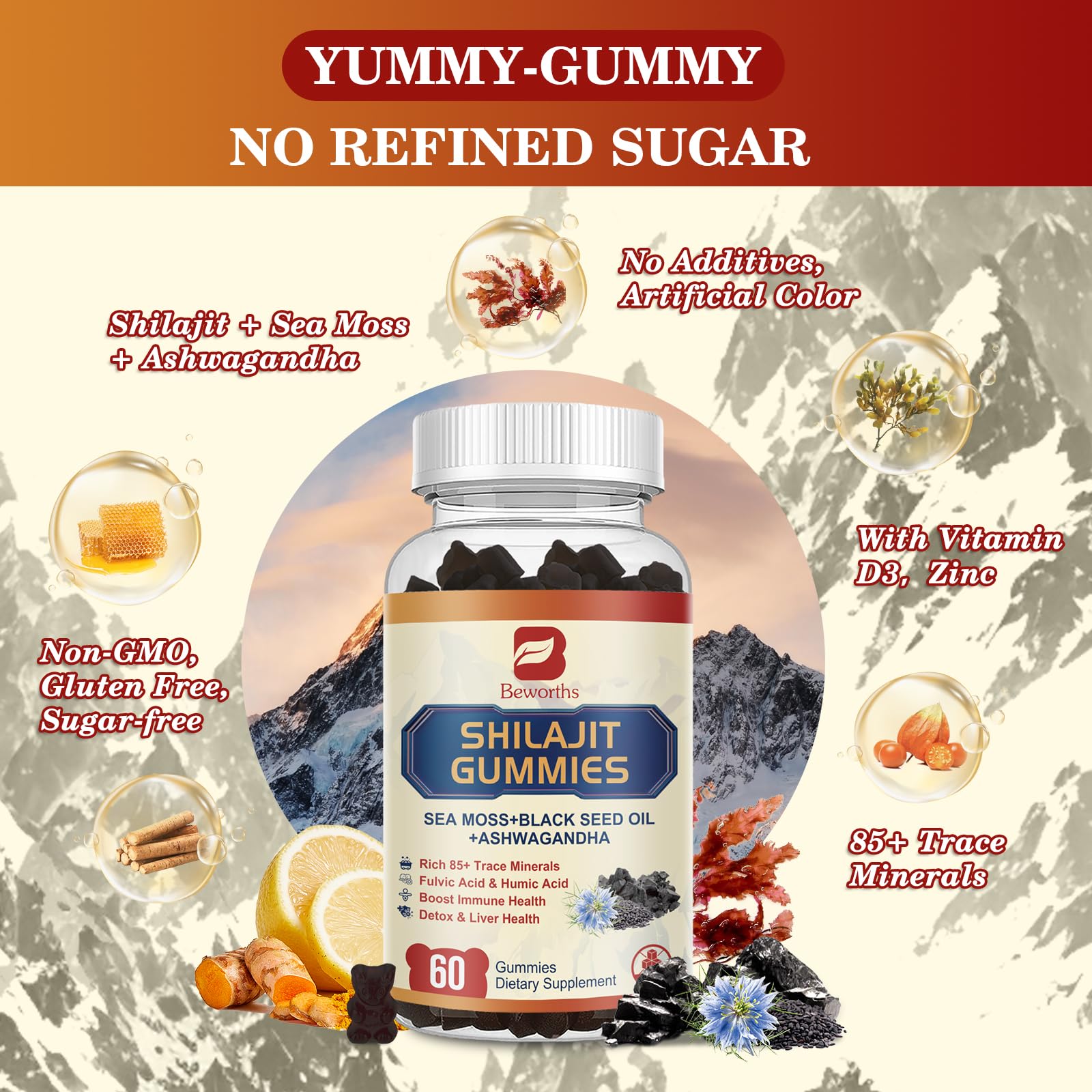 Shilajit Gummies for Men Women | 13-in-1 Shilajit Resin gummy with Irish Sea Moss, Ashwagandha, Black Seed Oil, Panax Ginseng, Honey, 85+ Trace Minerals & Fulvic Acid Supplement for Energy, Gut Health