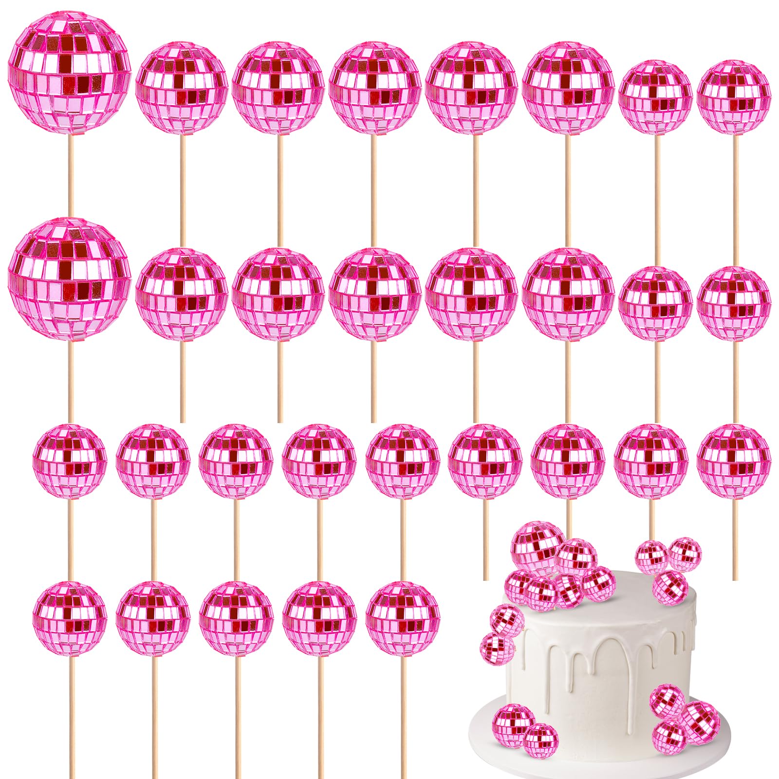 30pcs Disco Ball Cupcake Toppers, Mini Disco Ball Picks Disco Theme Cake Toppers with Sticks for Dessert Accessories Cake Decorations Disco Party Supplies (Pink) (G04106)