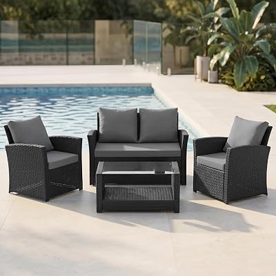 EVRE Roma 4 Seater Rattan Garden Set with Glass Table Black