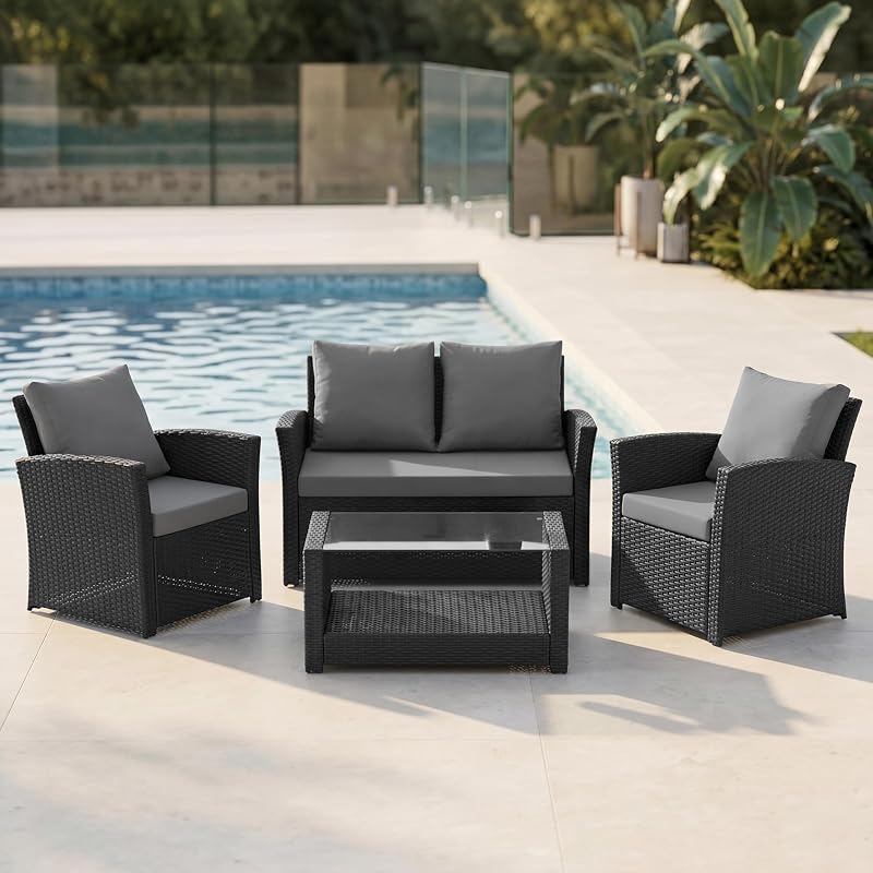EVRE Roma 4 Seater Rattan Garden Set with Glass Table Black