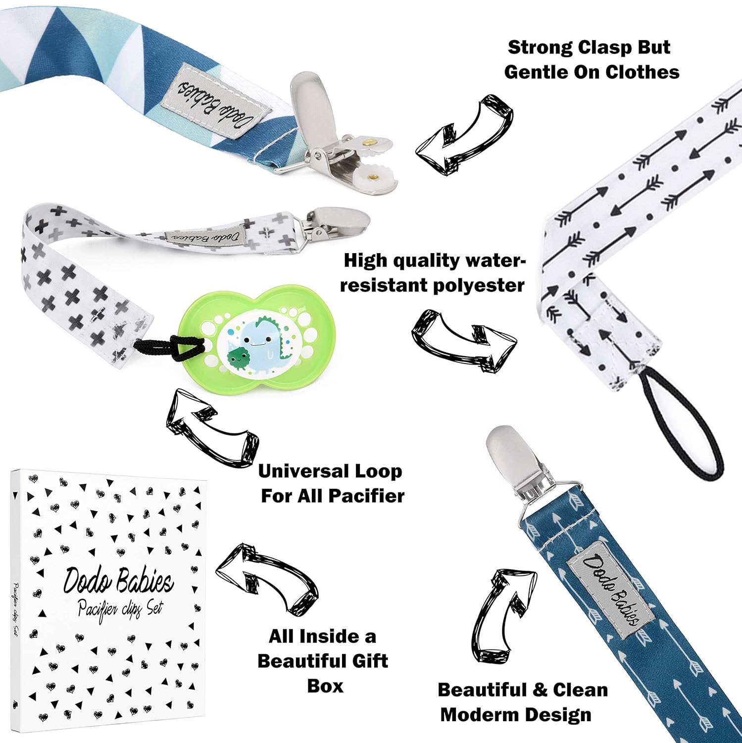 Pacifier Clip by Dodo Babies Pack of 4 + Pacifier Case, Premium Quality Modern Designs Universal Holder Leash for Boys and Girls, Teething Toy or Soothie, Baby Shower Gift Set : Baby