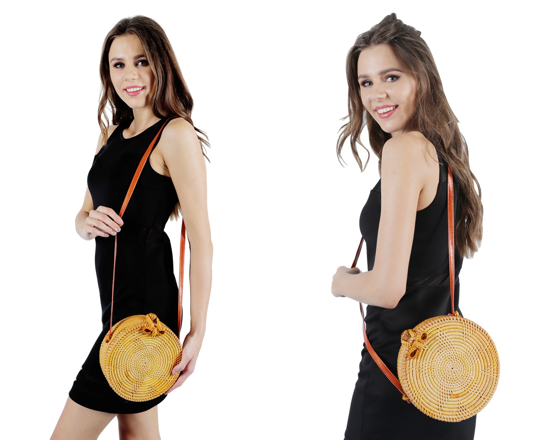 Partrisee Handmade Woven Rattan crossbody Bag Round Straw Tote Shoulder Leather Beach Gift Bag for Women-Star pattern