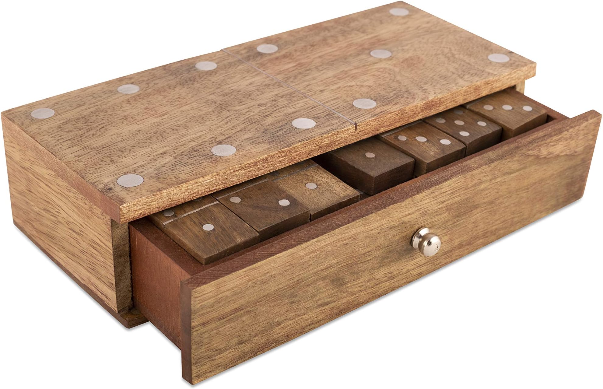GoCraft Handmade Wooden Dominoes with Decorative Wooden Storage Box (Silver)