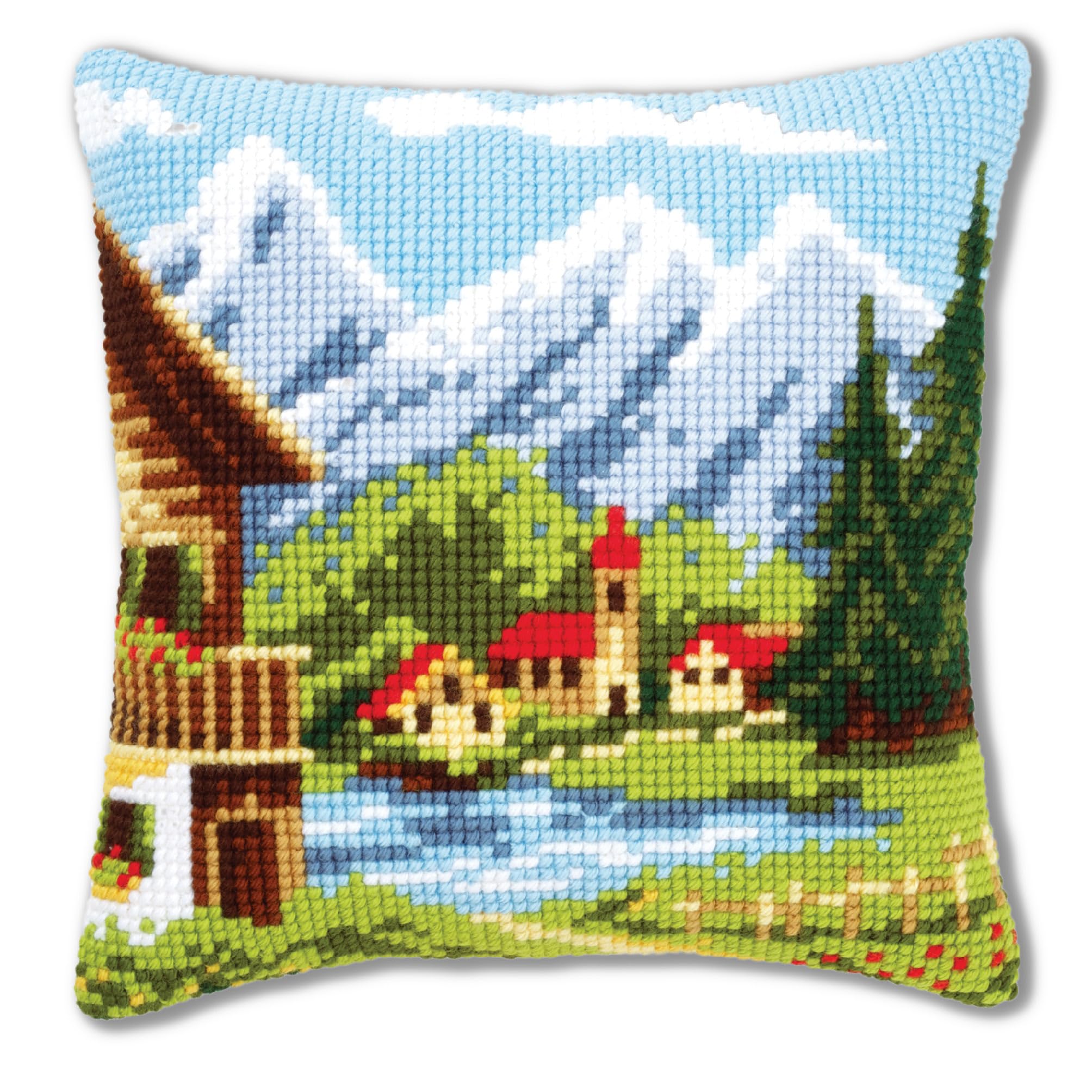 Vervaco Alpine Village I Cross Stitch Cushion, Multi-Colour