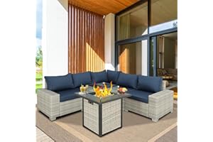 Furnimy Outdoor Furniture Patio Furniture Sets Conversation Sets Sectional Sofa Couch Wicker Rattan Balcony Furniture for Lawn,Garden,Porch and Poolside (Gray-Navy Blue, w/Fire Pit Table)