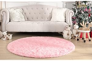 KIXINWA Pink Round Rug, 5X5 Feet Fluffy Circle Area Rug for Kids Room Bedroom Living Room Home Decor, Super Soft Cute Non Slip Circular Rug, Shaggy Plush Nursery Carpet