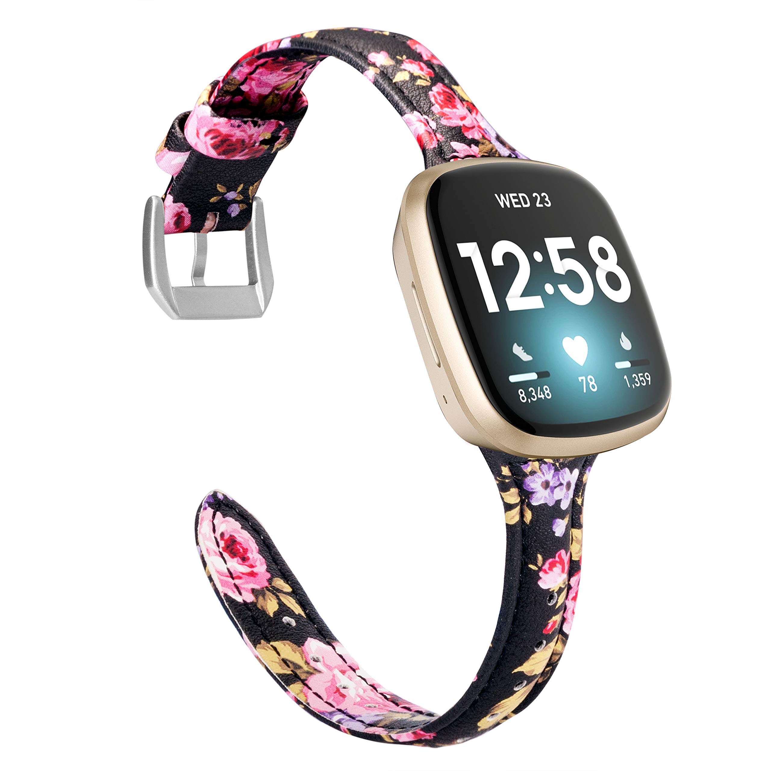 Wearlizer Compatible with Fitbit Versa 4/ Versa 3/ Sense 2/ Sense Strap for Women, Top Grain Genuine Thin Leather Replacement Wristband for Women for Versa 4 Smart Watch Band, Pink Floral — image 1