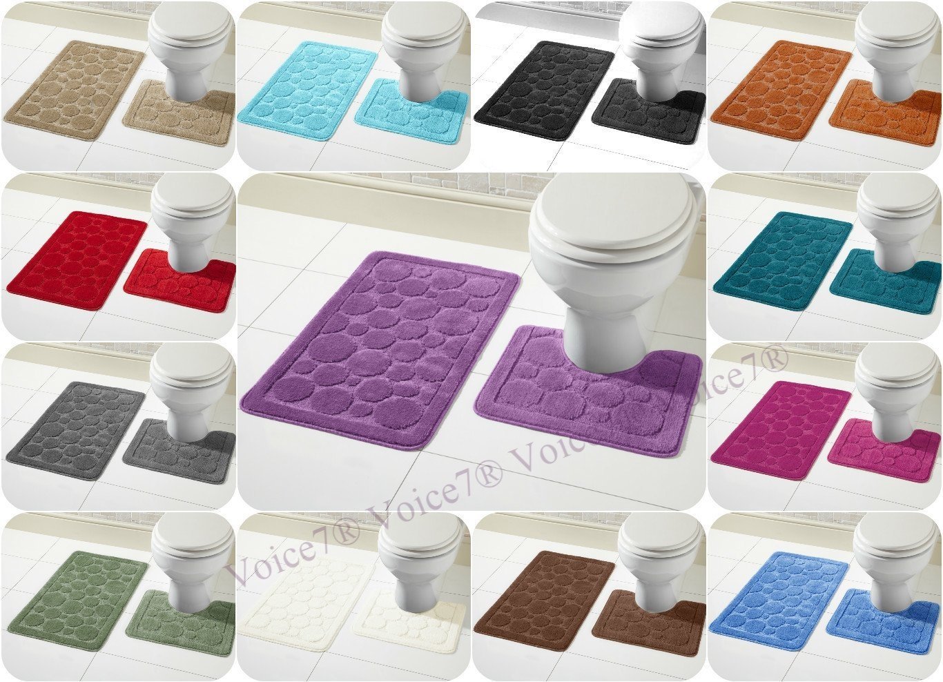 Voice7 Luxury 2 Piece Cali Circles Bath and Pedestal Mat Set - Non Slip Rubber Backing & Comfortable - Choose from 15 Stunning Colors (Mid Blue, UK Size)