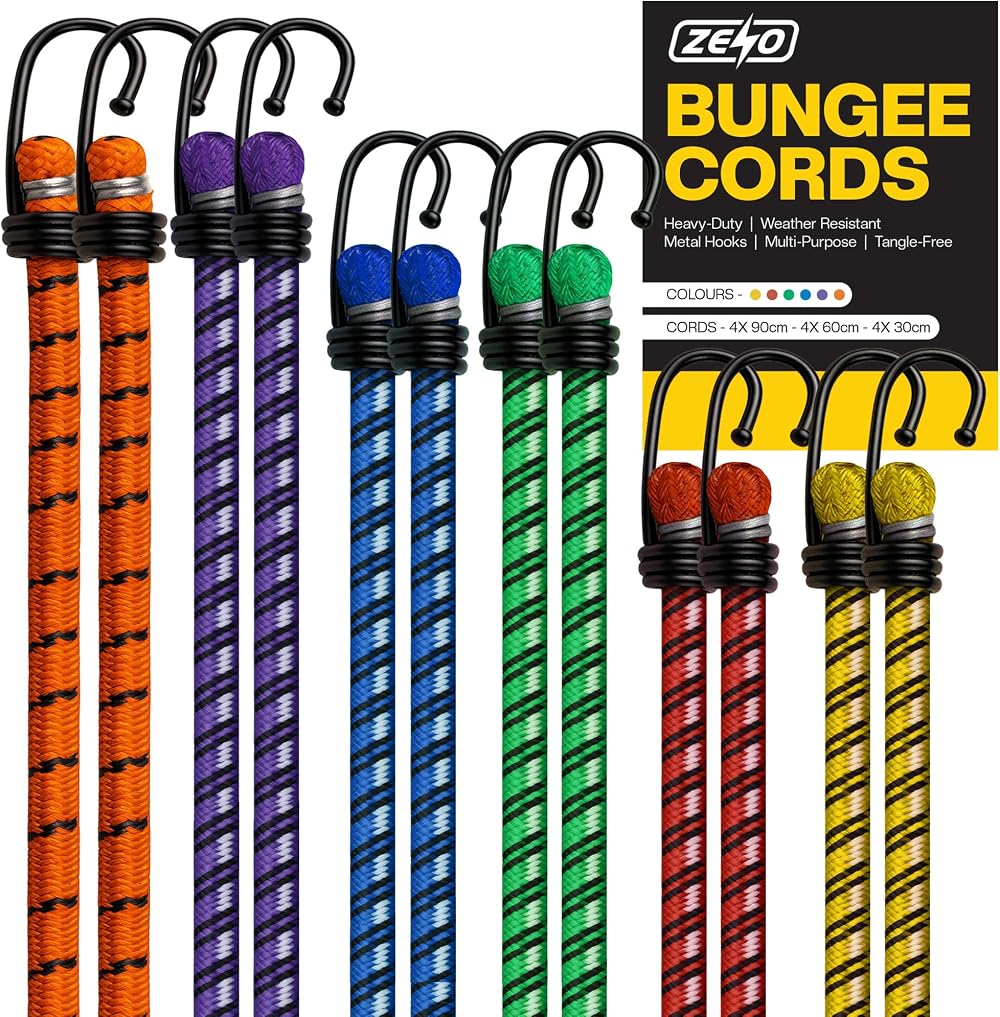 ZENO Bungee Cords with Hooks 12 Pc Heavy Duty Weatherproof UV-Resistant