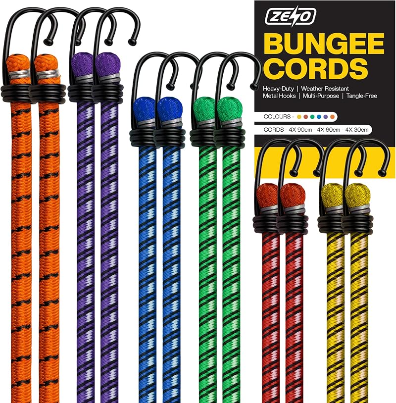ZENO Bungee Cords with Hooks 12 Pc Heavy Duty Weatherproof UV-Resistant